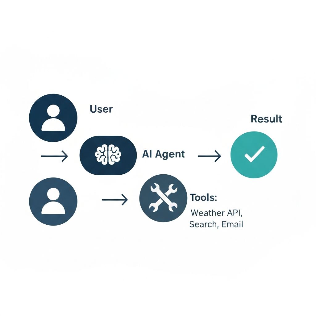 Diagram showing the flow: User sends request to AI Agent, Agent calls Tools like Weather API, Tools return a Result
